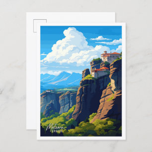 Meteora Greece vintage travel illustration Postcard