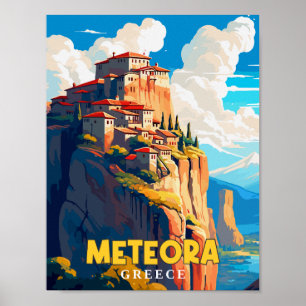 Meteora Greece vintage travel illustration Poster