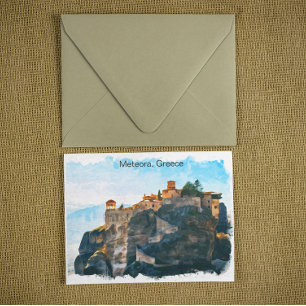 Meteora Greece Watercolor Travel Postcard