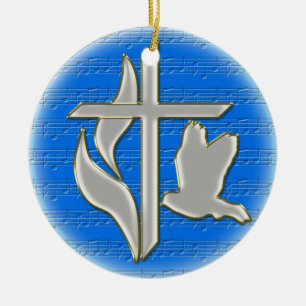 Methodist cross with dove ceramic tree decoration