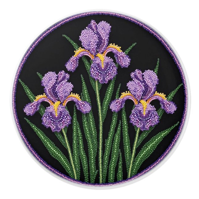 Metis Beadwork Floral Iris Native Art Ceramic Knob (Front)