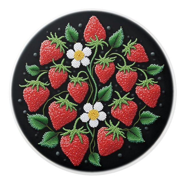 Metis Native Beadwork Strawberries Ceramic Knob (Front)