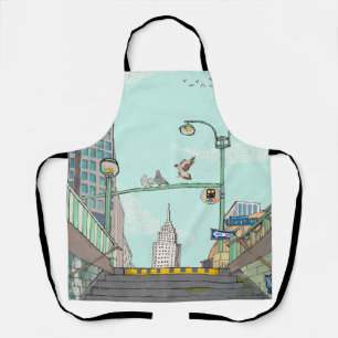 Metro Stop Manhattan NYC Whimsical Illustration Apron