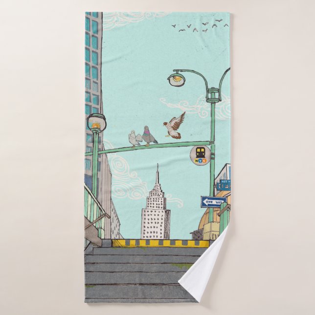 Metro Stop Manhattan NYC Whimsical Illustration Bath Towel (Bath Towel)