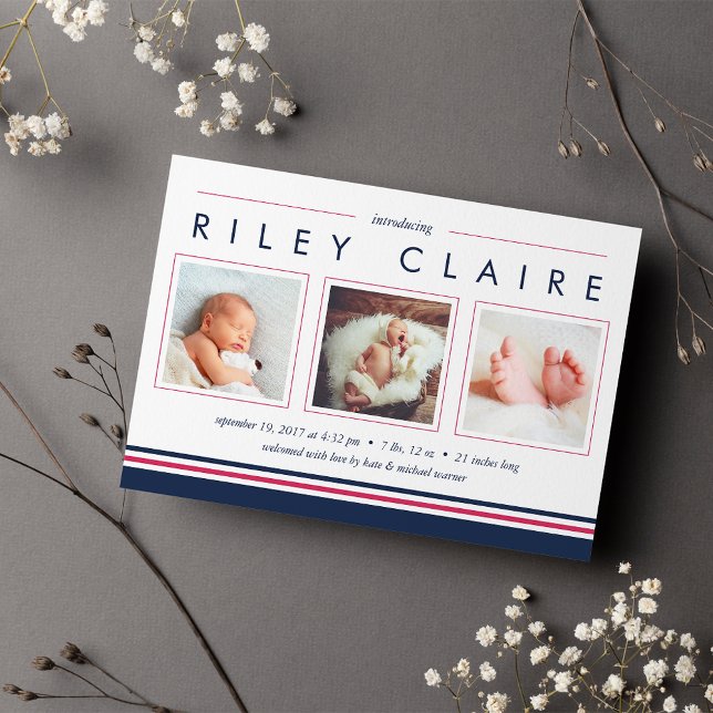 Metro Stripe Birth Announcement | Pink and Navy (Creator Uploaded)
