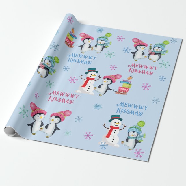 Mewwwy Kissmas Penguins Snowmen and Snowflakes Wrapping Paper (Unrolled)