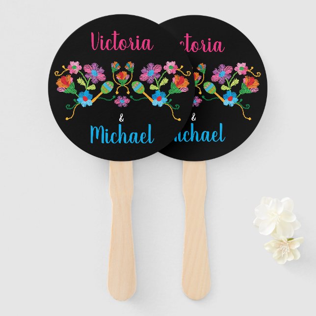 Mexcian Fiesta Embroidery Wedding Hand Fans (Front and Back)