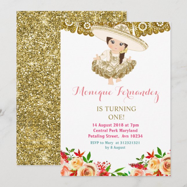 Mexican 1st Birthday Invitation Gold (Front/Back)