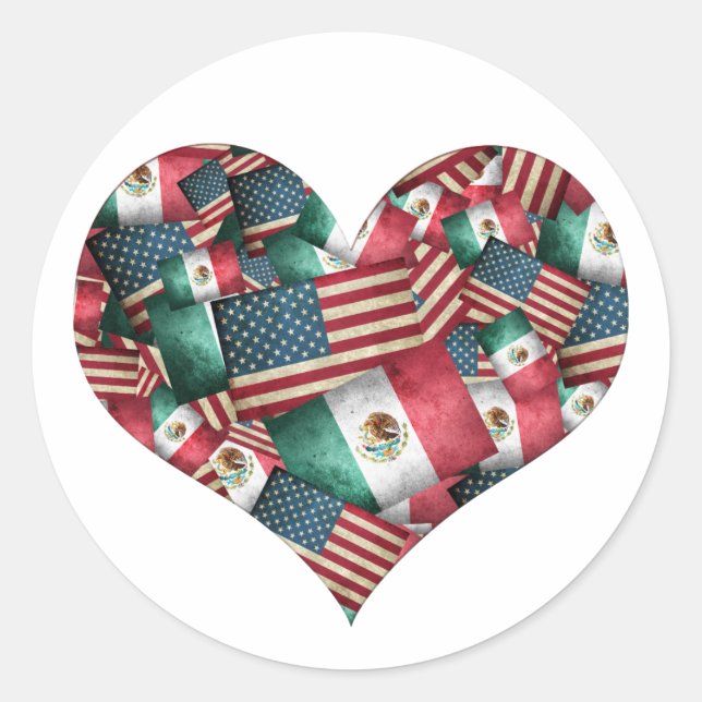 Mexican/American Flags Heart  Classic Round Sticker (Front)