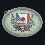 Mexican-American Shield Flag Belt Buckle<br><div class="desc">Represent Mexico! This item features a coat of arms with the Mexican flag and American flag on a heraldic shield that looks like a family crest and a tribal tattoo design. Do you know someone Mexican or a Mexican-American who misses their home country and would like to be patriotic about...</div>