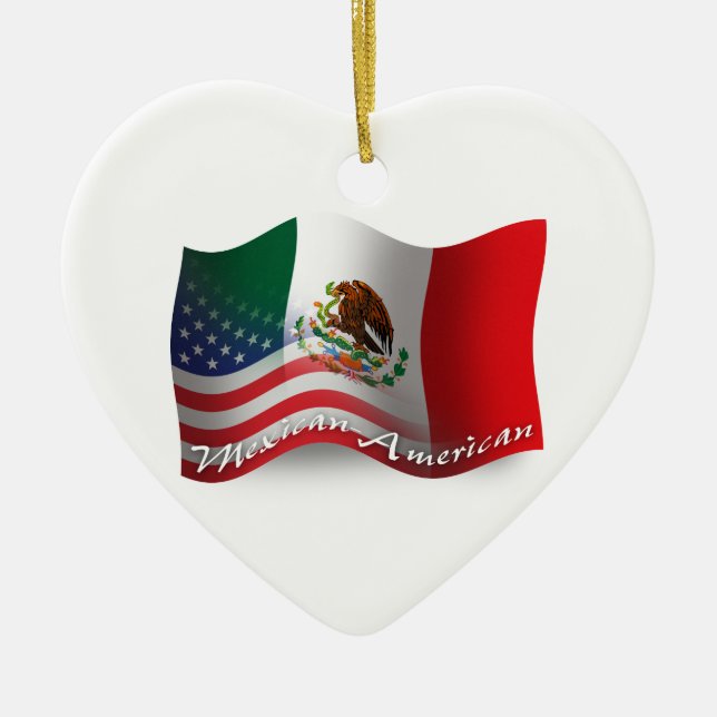 Mexican-American Waving Flag Ceramic Tree Decoration (Front)
