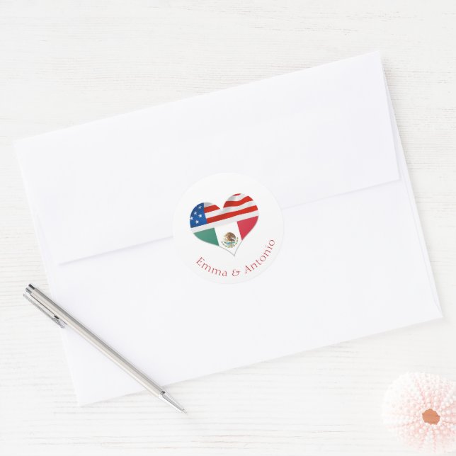 Mexican and American Flags and hearts wedding Classic Round Sticker (Envelope)