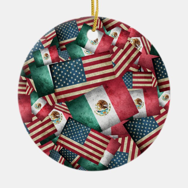 Mexican and American Flags  Ceramic Tree Decoration (Front)