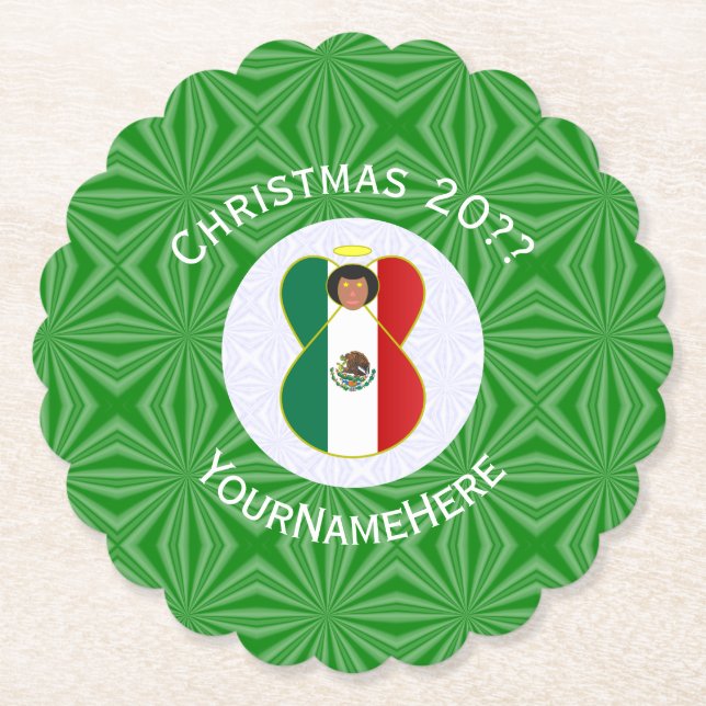 Mexican Angel Christmas Flag Personalised Paper Coaster (Front)