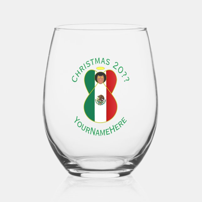 Mexican Angel Christmas Flag Personalised Text Stemless Wine Glass (Front)