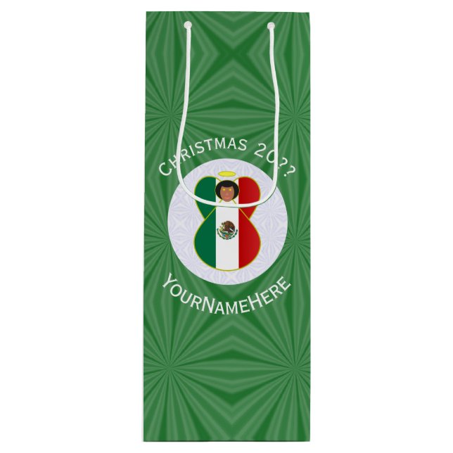 Mexican Angel Christmas Flag Personalised Wine Gift Bag (Front)