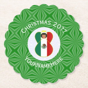 Mexican Angel Christmas Flag Personalized Paper Coaster