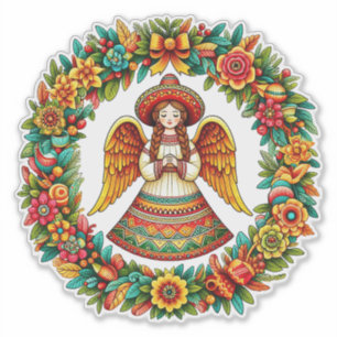 Mexican Angel Girl flowers wreath art illustration