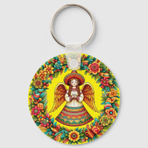 Mexican Angel Girl flowers wreath art illustration Key Ring