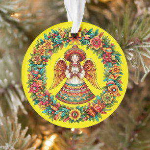 Mexican Angel Girl flowers wreath art illustration Ornament
