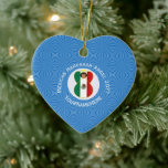 Mexican Angel Hanukkah Flag Personalised  Ceramic Tree Decoration<br><div class="desc">An angel flies wearing the flag of Mexico for Hanukkah. She flies in a white circle of squiggly squares on a background of blue squiggly squares. Customise this heart shaped ceramic ornament by adding the year you want to make this special. Personalise with your name, or someone else's name if...</div>