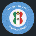 Mexican Angel Hanukkah Flag Personalised Round Classic Round Sticker<br><div class="desc">Round sticker shows an angel wearing the flag of Mexico on this sticker for holiday or Hanukkah gift decorating. The Mexican Flag angel is found inside a white, fractal circle of squiggly squares. The background is a blue fractal of squiggly squares. Add your own text or personalise with a name...</div>