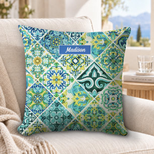 Mexican aqua mint Sicilian Mediterranean tiles Cushion