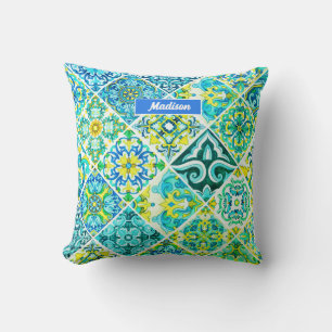 Mexican aqua mint Sicilian Mediterranean tiles Cushion