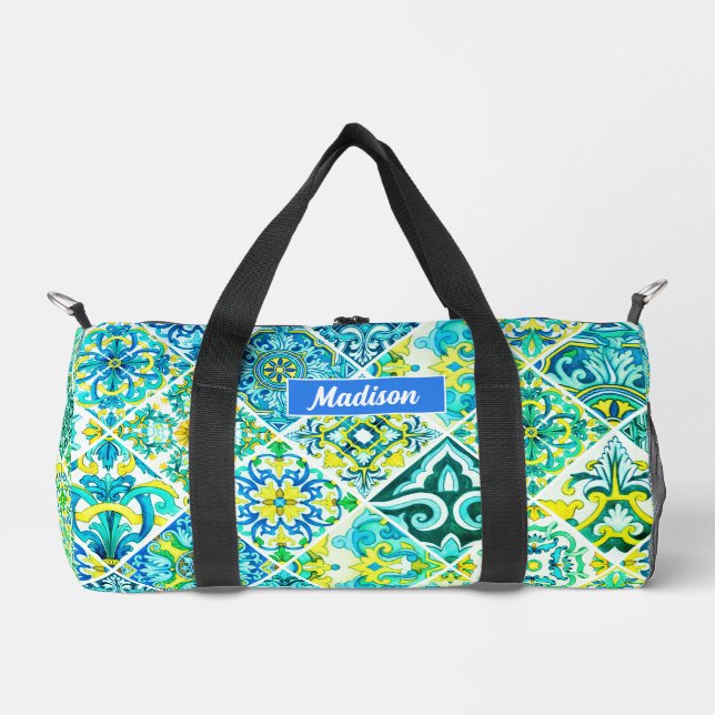 Mexican aqua mint Sicilian Mediterranean tiles Duffle Bag (Front)