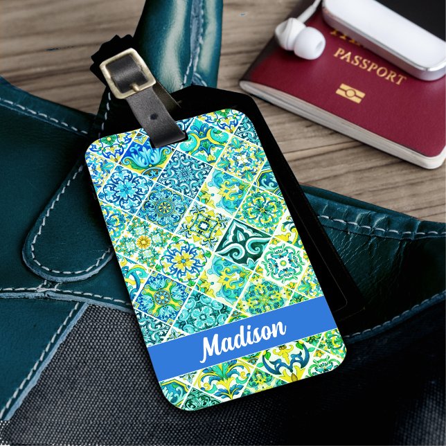Mexican aqua mint Sicilian Mediterranean tiles Luggage Tag (Creator Uploaded)