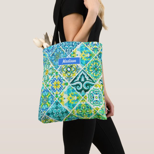 Mexican aqua mint Sicilian Mediterranean tiles Tote Bag (Close Up)