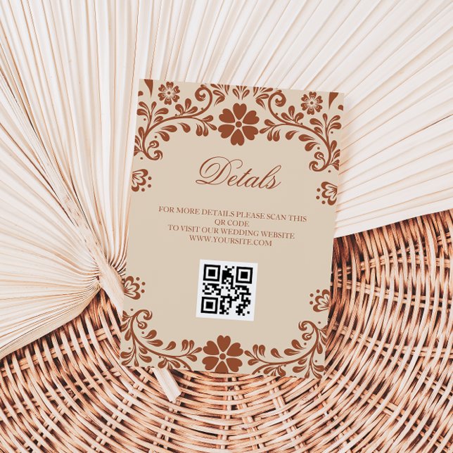 Mexican Art Beige Wedding QR Details Enclosure Card (Creator Uploaded)