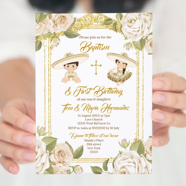 Mexican Baptism White Floral Twin Boy and Girl Invitation (Creator Uploaded)