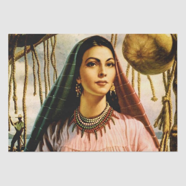 Mexican Beautiful Calendar Girl on Fishing Boat  Tissue Paper (Front)