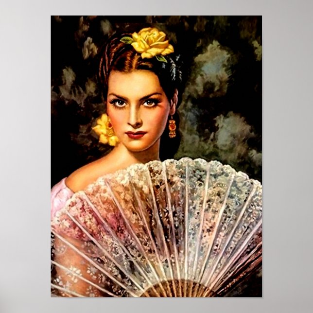 Mexican Beautiful Calendar Girl with Lace Fan  Poster (Front)