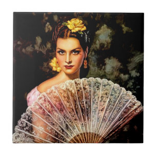Mexican Beautiful Calendar Girl with Lace Fan Tile