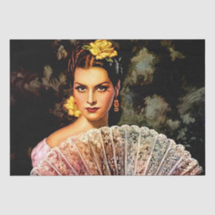 Mexican Beautiful Calendar Girl with Lace Fan Tissue Paper
