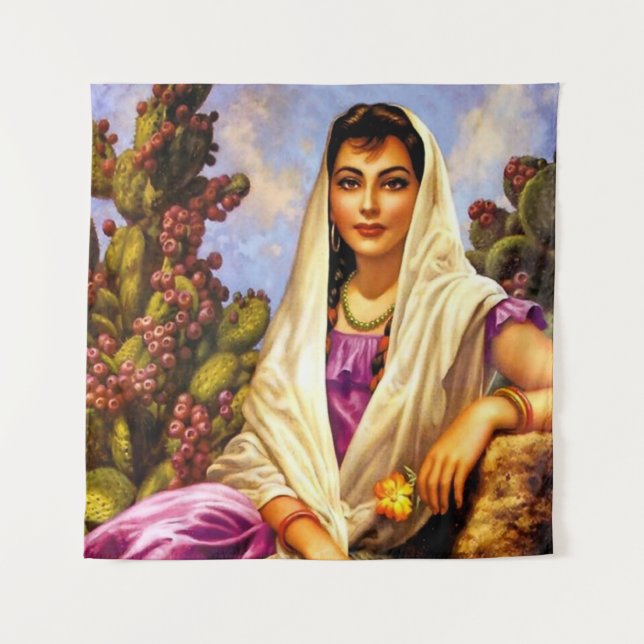 Mexican Beauty Calendar Girl with Cream Shawl  Tapestry (Front)