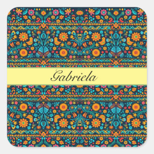 Mexican bird and flower pattern customisable square sticker