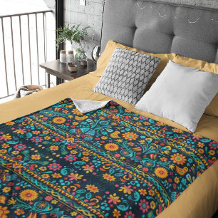 Mexican bird and flower pattern fleece blanket