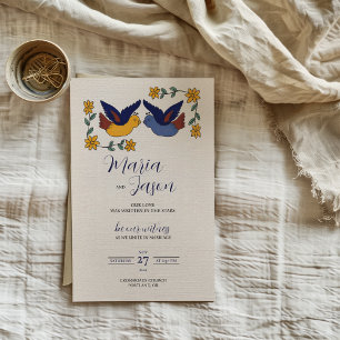 Mexican Birds Floral Blue Yellow Charming Wedding Invitation