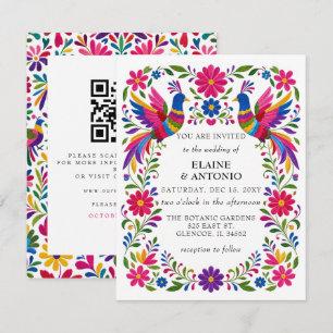 Mexican Birds Otomi Floral Fiesta QR Code Wedding Invitation