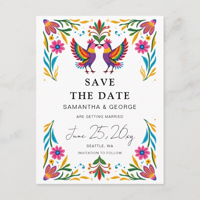 Mexican Birds Otomi Floral Fiesta Save The Date Announcement Postcard (Front)