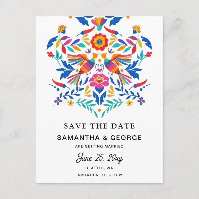 Mexican Birds Otomi Floral Fiesta Save The Date Announcement Postcard (Front)