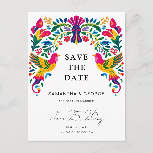 Mexican Birds Otomi Floral Fiesta Save The Date Announcement Postcard (Front)