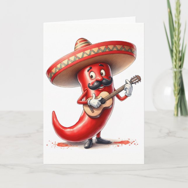 Mexican Birthday Red Chilli Pepper Guitar Player Card (Front)
