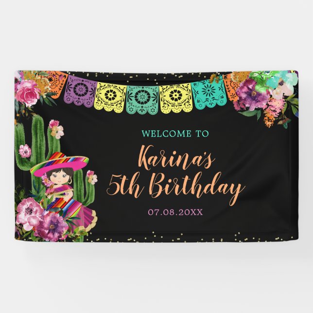 Mexican Black Colourful Fiesta Floral Birthday Banner (Horizontal)