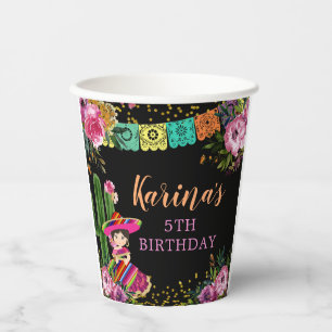 Mexican Black Colourful Fiesta Floral Birthday Paper Cups