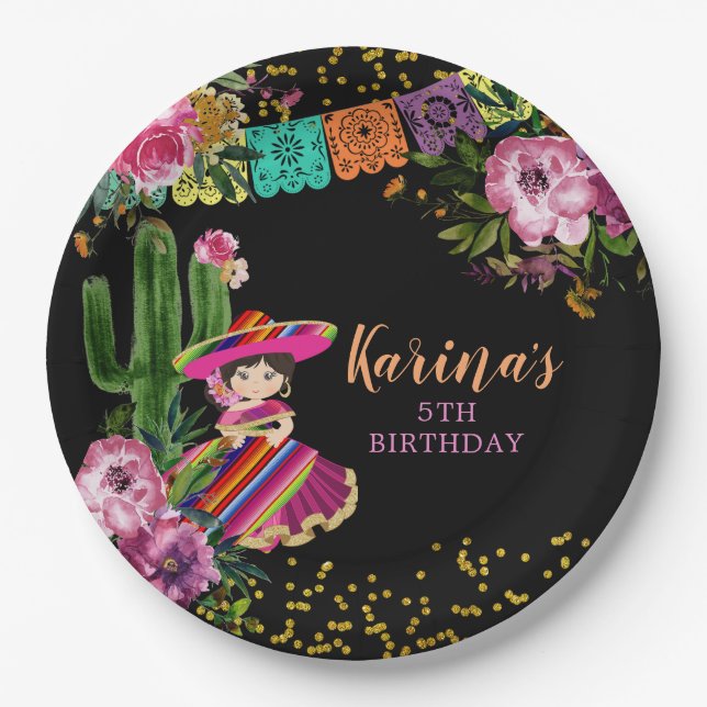 Mexican Black Colourful Fiesta Floral Birthday Paper Plate (Front)
