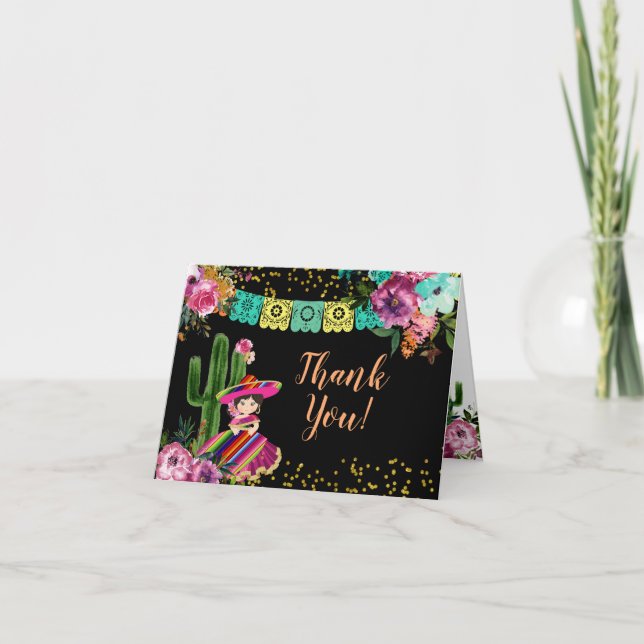 Mexican Black Colourful Fiesta Floral Birthday Thank You Card (Front)